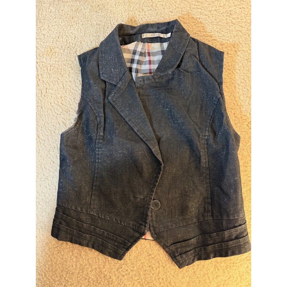 Women's Medium Charcoal Gray Cropped Tailored Vest Micro Dot Plaid Lined Y2K